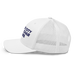 Left angle of the MAS Kansas City Advantage Wheelchair Tennis White Curved Bill Trucker Snapback against a white background