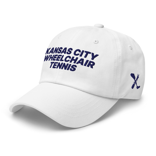 Front left angle of the MAS Kansas City Advantage Wheelchair Tennis White Dad Hat against a white background