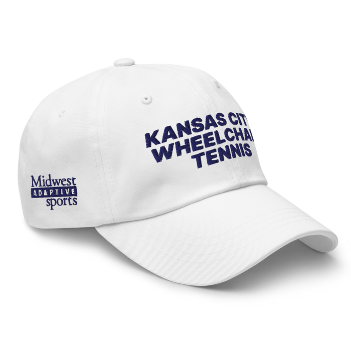 Front right angle of the MAS Kansas City Advantage Wheelchair Tennis White Dad Hat against a white background