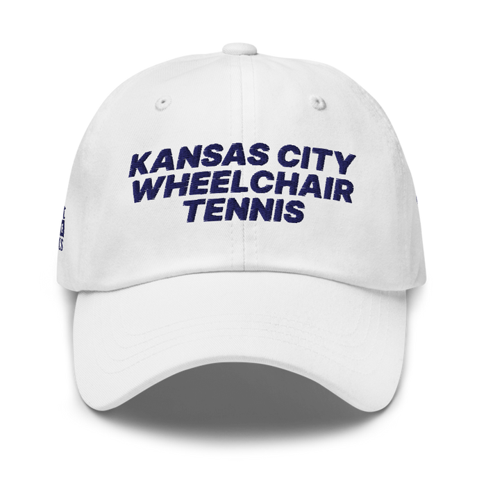 Front angle of the MAS Kansas City Advantage Wheelchair Tennis White Dad Hat against a white background