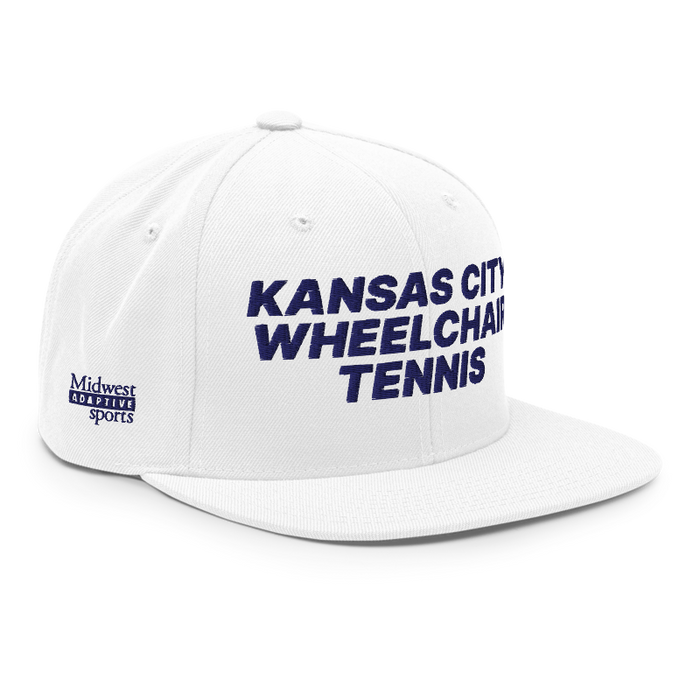 Front right angle of the MAS Kansas City Advantage Wheelchair Tennis White Flat Bill Snapback against a white background