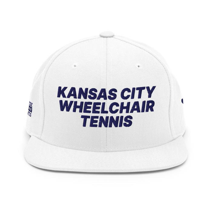 Front angle of the MAS Kansas City Advantage Wheelchair Tennis White Flat Bill Snapback against a white background