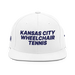 Front angle of the MAS Kansas City Advantage Wheelchair Tennis White Flat Bill Snapback against a white background