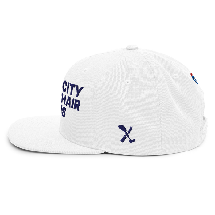 Left angle of the MAS Kansas City Advantage Wheelchair Tennis White Flat Bill Snapback against a white background