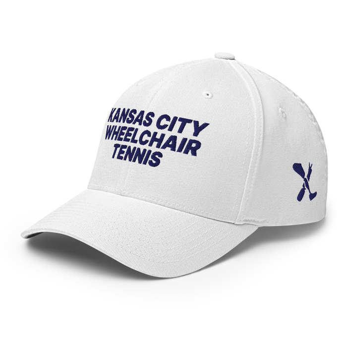 Front left angle of the MAS Kansas City Advantage Wheelchair Tennis White Flexfit Curved Bill Fitted against a white background