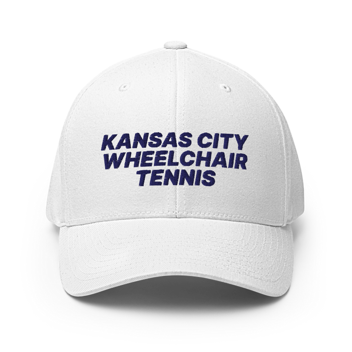 Front angle of the MAS Kansas City Advantage Wheelchair Tennis White Flexfit Curved Bill Fitted against a white background