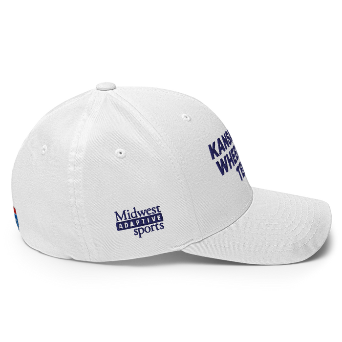 Right angle of the MAS Kansas City Advantage Wheelchair Tennis White Flexfit Curved Bill Fitted against a white background