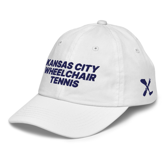 Front left angle of the MAS Kansas City Advantage Wheelchair Tennis White Youth Dad Hat against a white background