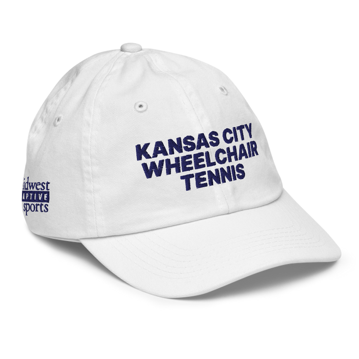 Front right angle of the MAS Kansas City Advantage Wheelchair Tennis White Youth Dad Hat against a white background