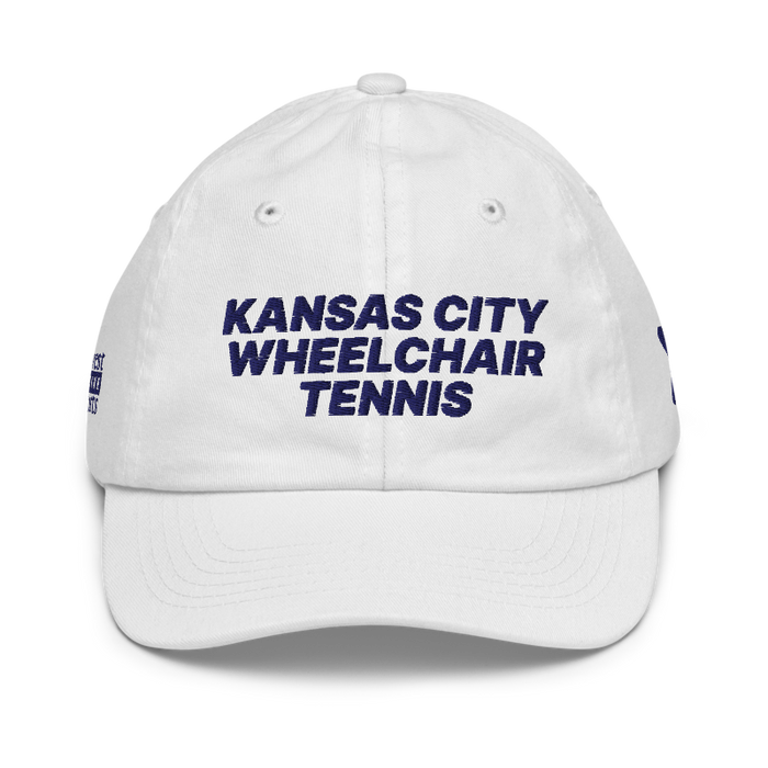 Front angle of the MAS Kansas City Advantage Wheelchair Tennis White Youth Dad Hat against a white background