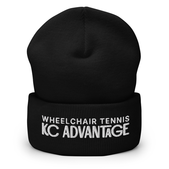 Front angle of the MAS Kansas City Advantage Wheelchair Tennis Chiro Black Beanie against a white background