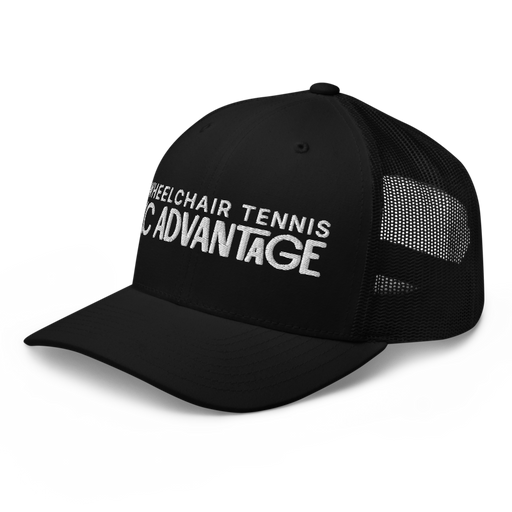 Front left angle of the MAS Kansas City Advantage Wheelchair Tennis Chiro Black Curved Bill Trucker Snapback against a white background