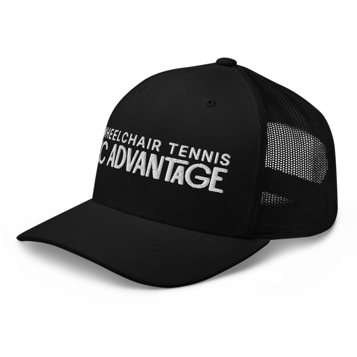 Front left angle of the MAS Kansas City Advantage Wheelchair Tennis Chiro Black Curved Bill Trucker Snapback against a white background