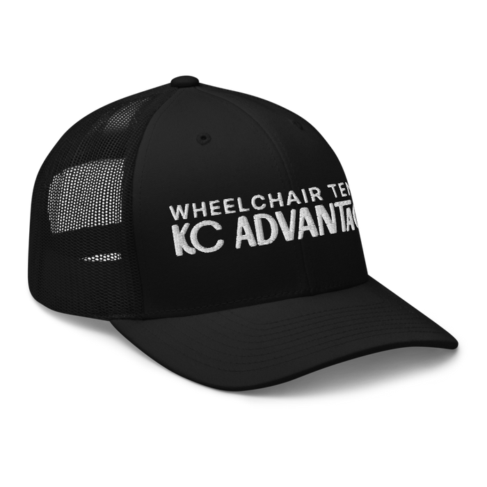 Front right angle of the MAS Kansas City Advantage Wheelchair Tennis Chiro Black Curved Bill Trucker Snapback against a white background