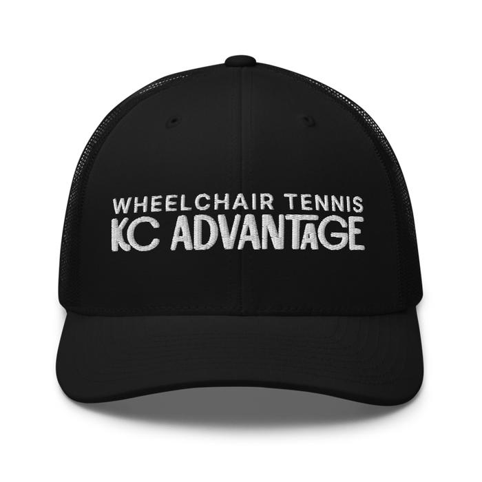 Front angle of the MAS Kansas City Advantage Wheelchair Tennis Chiro Black Curved Bill Trucker Snapback against a white background