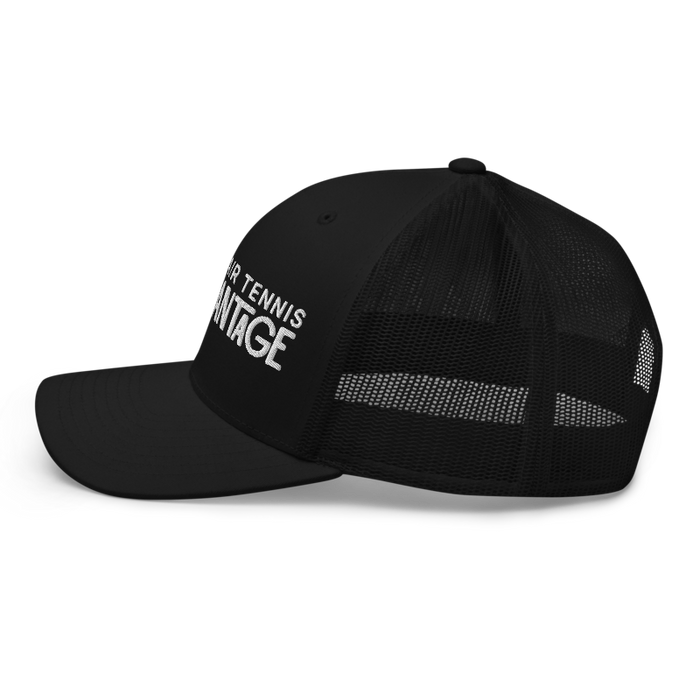 Left angle of the MAS Kansas City Advantage Wheelchair Tennis Chiro Black Curved Bill Trucker Snapback against a white background