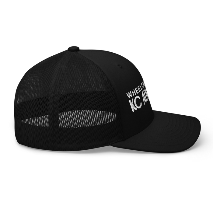 Right angle of the MAS Kansas City Advantage Wheelchair Tennis Chiro Black Curved Bill Trucker Snapback against a white background