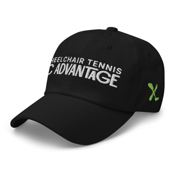 Front left angle of the MAS Kansas City Advantage Wheelchair Tennis Chiro Black Dad Hat against a white background