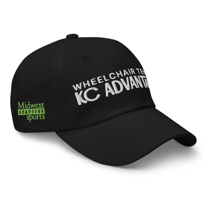 Front right angle of the MAS Kansas City Advantage Wheelchair Tennis Chiro Black Dad Hat against a white background