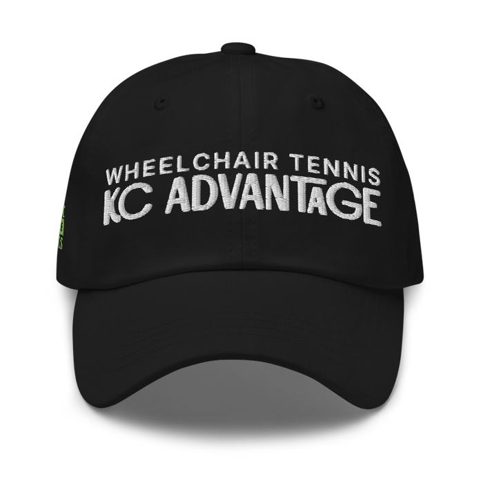 Front angle of the MAS Kansas City Advantage Wheelchair Tennis Chiro Black Dad Hat against a white background