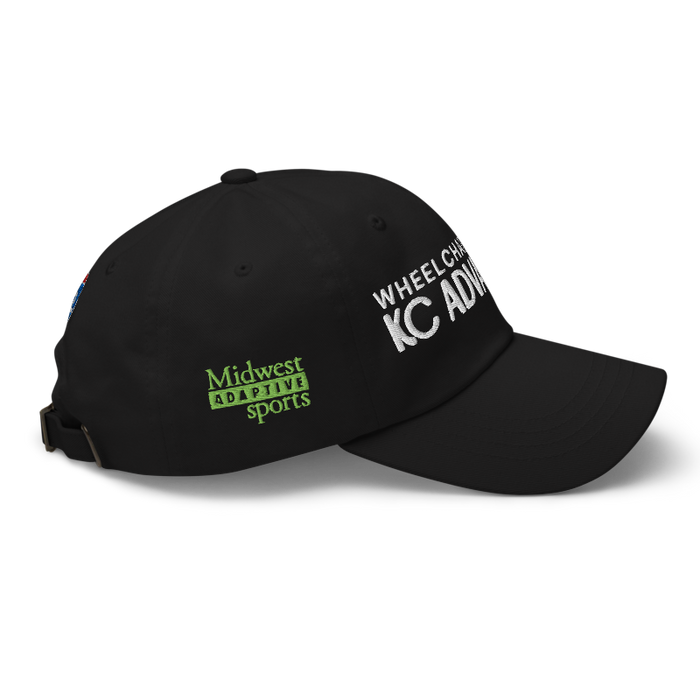 Right angle of the MAS Kansas City Advantage Wheelchair Tennis Chiro Black Dad Hat against a white background