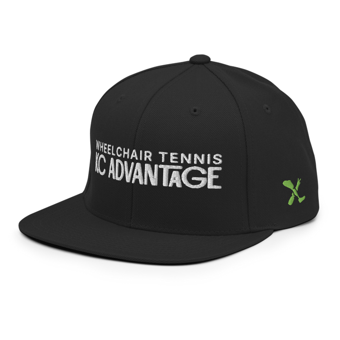 Front left angle of the MAS Kansas City Advantage Wheelchair Tennis Chiro Black Flat Bill Snapback against a white background