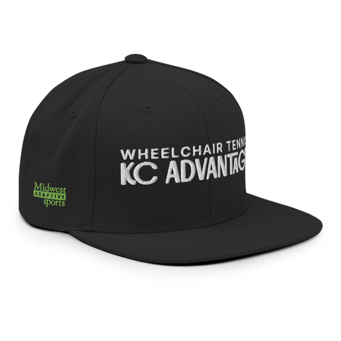 Front right angle of the MAS Kansas City Advantage Wheelchair Tennis Chiro Black Flat Bill Snapback against a white background