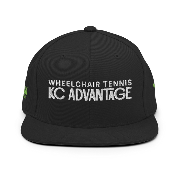 Front angle of the MAS Kansas City Advantage Wheelchair Tennis Chiro Black Flat Bill Snapback against a white background