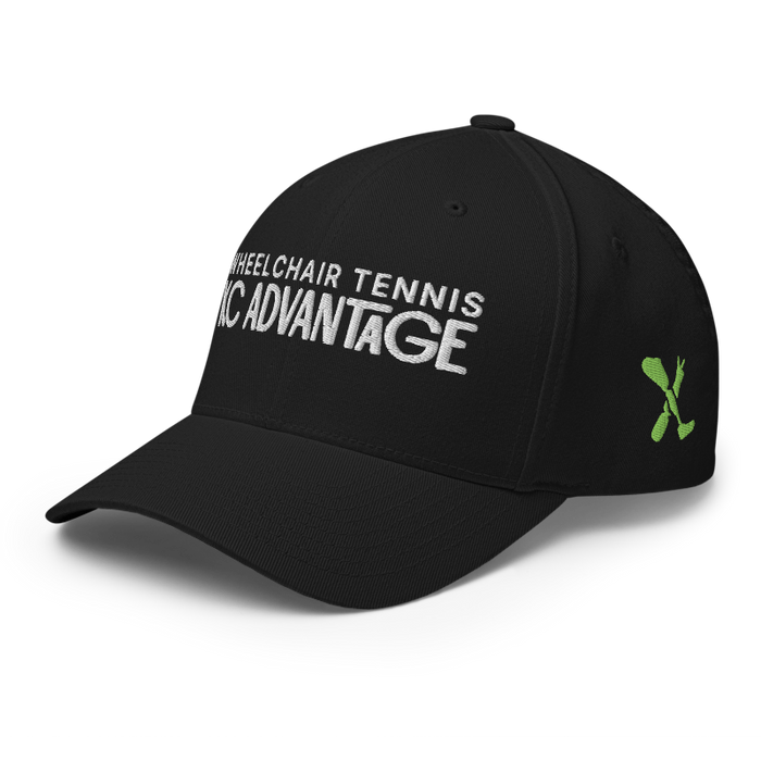 Front left angle of the MAS Kansas City Advantage Wheelchair Tennis Chiro Black Flexfit Curved Bill Fitted against a white background