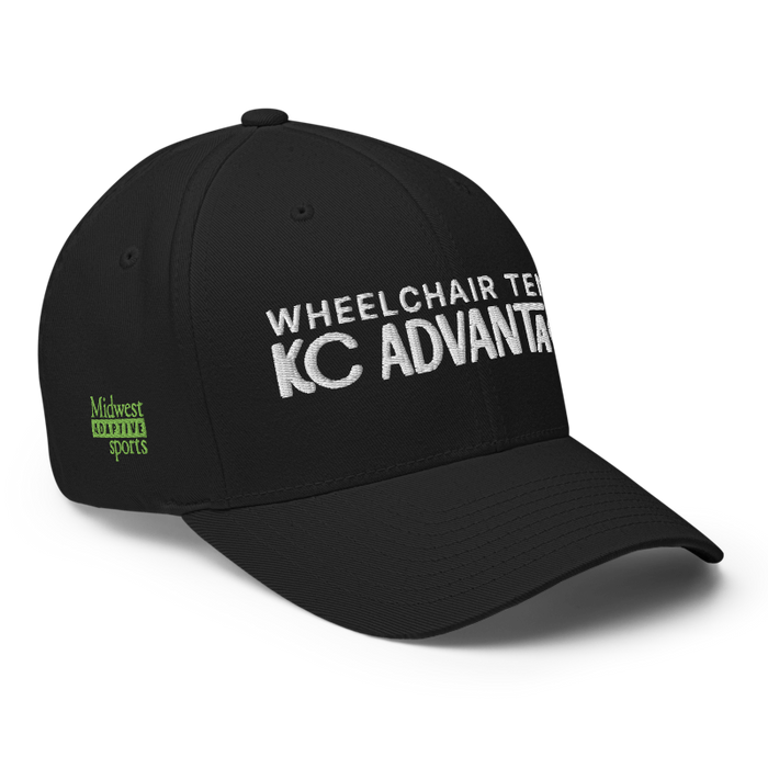 Front right angle of the MAS Kansas City Advantage Wheelchair Tennis Chiro Black Flexfit Curved Bill Fitted against a white background