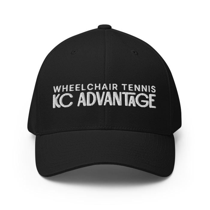 Front angle of the MAS Kansas City Advantage Wheelchair Tennis Chiro Black Flexfit Curved Bill Fitted against a white background