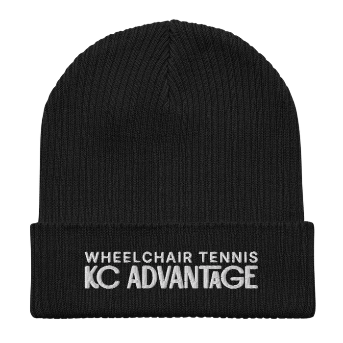 Front angle of the MAS Kansas City Advantage Wheelchair Tennis Chiro Black Organic Beanie laid flat against a white background
