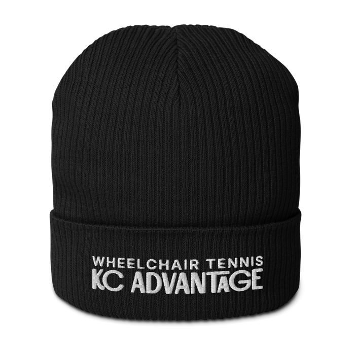 Front angle of the MAS Kansas City Advantage Wheelchair Tennis Chiro Black Organic Beanie against a white background