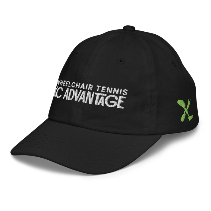 Front left angle of the MAS Kansas City Advantage Wheelchair Tennis Chiro Black Youth Dad Hat against a white background
