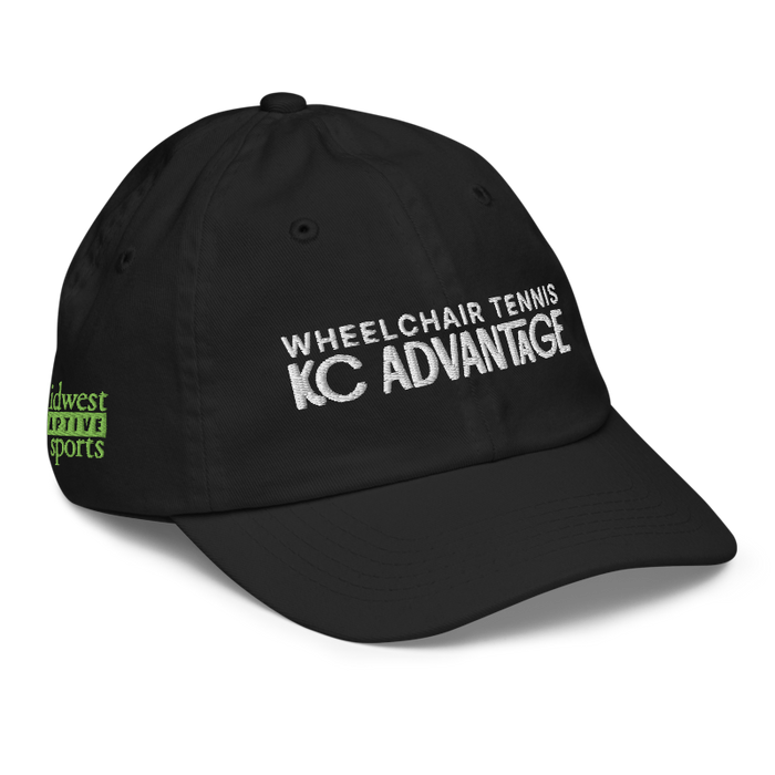 Front right angle of the MAS Kansas City Advantage Wheelchair Tennis Chiro Black Youth Dad Hat against a white background