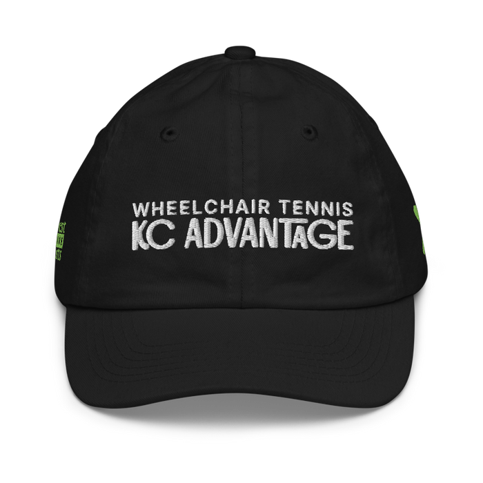 Front angle of the MAS Kansas City Advantage Wheelchair Tennis Chiro Black Youth Dad Hat against a white background