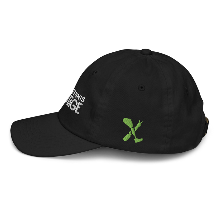 Left angle of the MAS Kansas City Advantage Wheelchair Tennis Chiro Black Youth Dad Hat against a white background