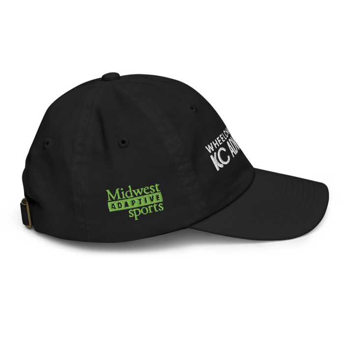 Right angle of the MAS Kansas City Advantage Wheelchair Tennis Chiro Black Youth Dad Hat against a white background