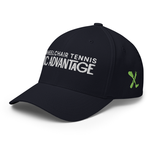 Front left angle of the MAS Kansas City Advantage Wheelchair Tennis Chiro Dark Navy Flexfit Curved Bill Fitted against a white background
