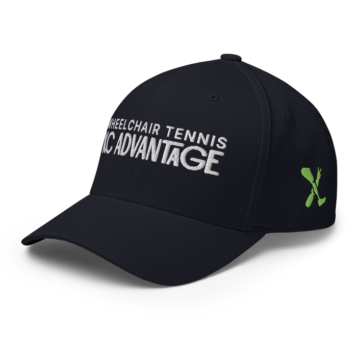 Front left angle of the MAS Kansas City Advantage Wheelchair Tennis Chiro Dark Navy Flexfit Curved Bill Fitted against a white background