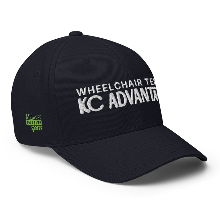 Front right angle of the MAS Kansas City Advantage Wheelchair Tennis Chiro Dark Navy Flexfit Curved Bill Fitted against a white background