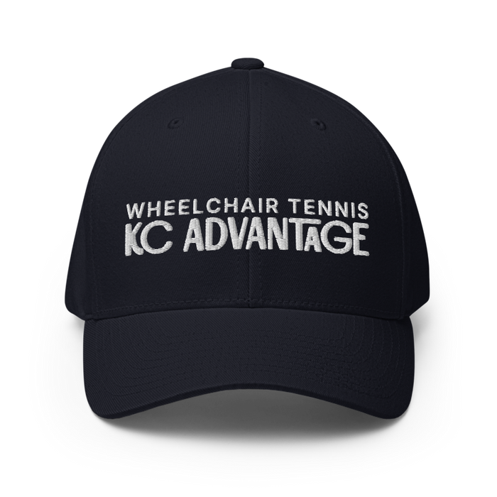 Front angle of the MAS Kansas City Advantage Wheelchair Tennis Chiro Dark Navy Flexfit Curved Bill Fitted against a white background