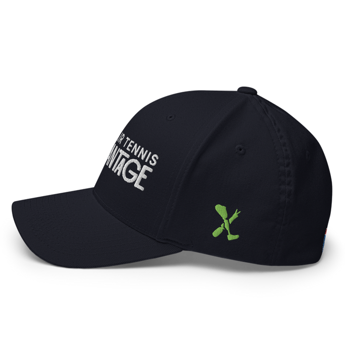 Left angle of the MAS Kansas City Advantage Wheelchair Tennis Chiro Dark Navy Flexfit Curved Bill Fitted against a white background