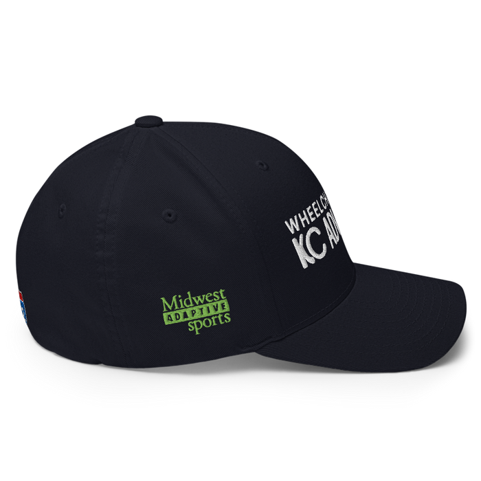 Right angle of the MAS Kansas City Advantage Wheelchair Tennis Chiro Dark Navy Flexfit Curved Bill Fitted against a white background