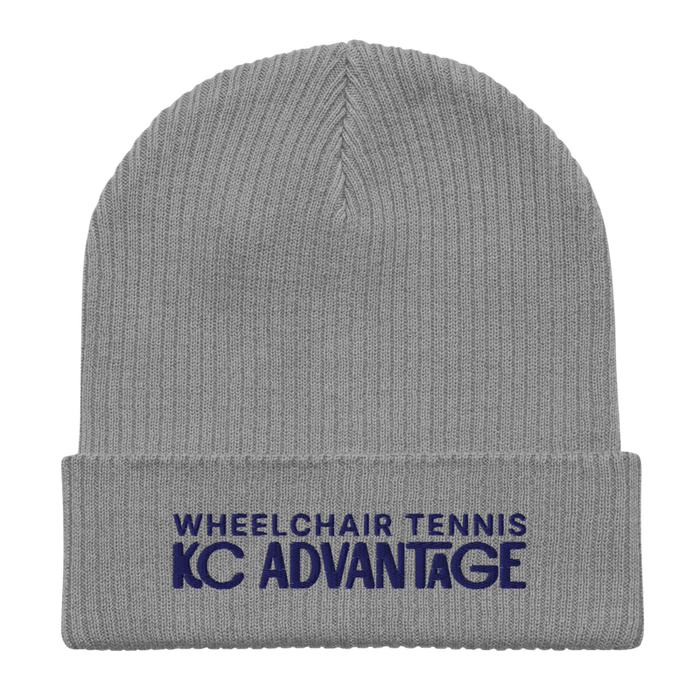 Front angle of the MAS Kansas City Advantage Wheelchair Tennis Chiro Light Grey Organic Beanie laid flat against a white background