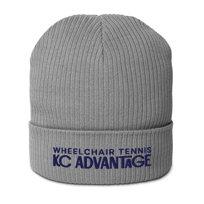 Front angle of the MAS Kansas City Advantage Wheelchair Tennis Chiro Light Grey Organic Beanie against a white background