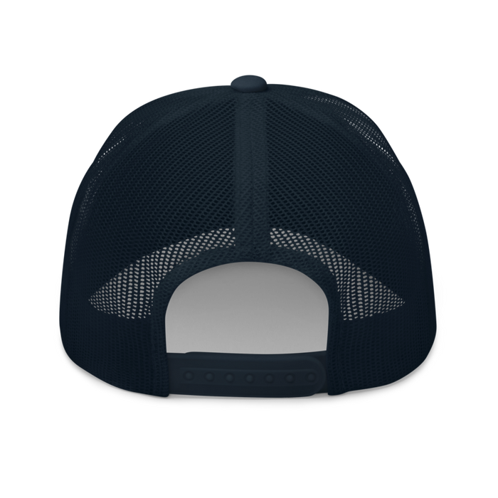Back angle of the MAS Kansas City Advantage Wheelchair Tennis Chiro Navy Curved Bill Trucker Snapback against a white background