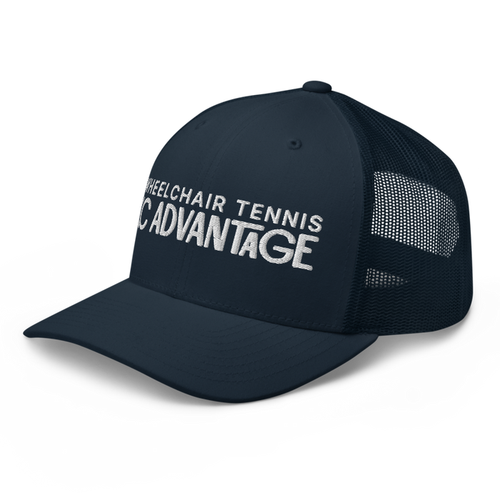 Front left angle of the MAS Kansas City Advantage Wheelchair Tennis Chiro Navy Curved Bill Trucker Snapback against a white background