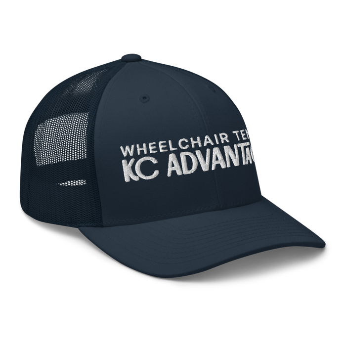 Front right angle of the MAS Kansas City Advantage Wheelchair Tennis Chiro Navy Curved Bill Trucker Snapback against a white background
