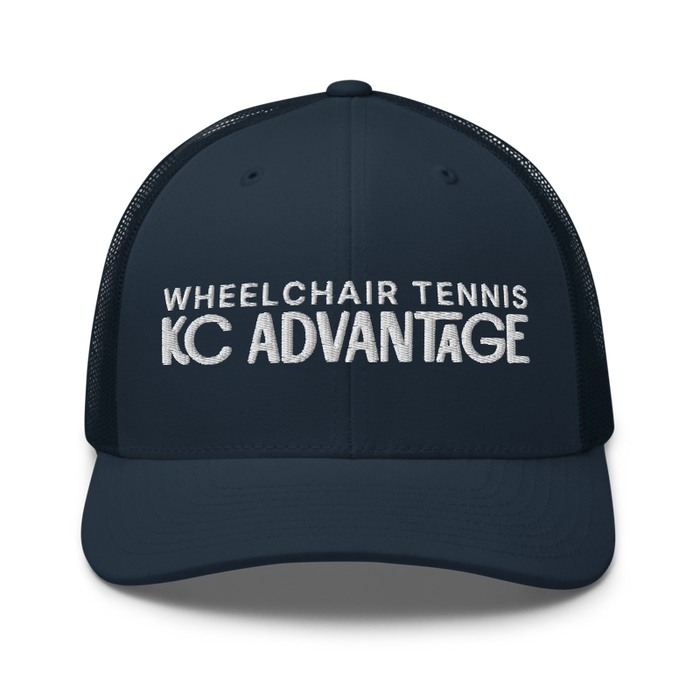 Front angle of the MAS Kansas City Advantage Wheelchair Tennis Chiro Navy Curved Bill Trucker Snapback against a white background